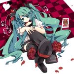  bondson bracelet card checkered checkered_background flower green_eyes green_hair hatsune_miku high_heels jewelry long_hair playing_card rose shoes solo thigh-highs thighhighs very_long_hair vocaloid world_is_mine_(vocaloid) 