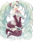  boots detached_sleeves green_eyes green_hair hatsune_miku highres long_hair masaizo necktie open_mouth simple_background skirt sleeves_past_wrists solo thigh-highs thigh_boots thighhighs twintails very_long_hair vocaloid white_background 