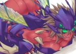  :q all_fours ass breasts brown_hair cleavage dimples_of_venus genderswap green_eyes highres insect_wings kha&#039;zix kha'zix kuma_x large_breasts league_of_legends red_skin short_hair solo tongue wings 