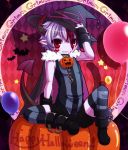  cape copyright_request demon_girl halloween happy_halloween horns miki_souya multicolored_hair pointy_ears red_eyes solo thigh-highs thighhighs two-tone_hair 