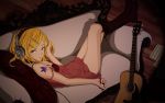  1girl blonde_hair bra_strap couch guitar hair_ornament headphones instrument kagamine_rin leaning_back looking_at_viewer lying mp3_player red_dress solo vocaloid yellow_eyes 