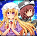  bad_id blonde_hair blush bow bown_hair brown_hair hat hat_bow long_hair looking_at_viewer maribel_hearn multiple_girls purple_eyes red_eyes shinekalta short_hair smile touhou usami_renko violet_eyes 