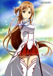  absurdres artist_request asuna_(sao) breastplate brown_eyes brown_hair highres official_art pointing pointing_at_viewer rapier scan skirt sword sword_art_online thigh-highs thighhighs weapon white_legwear 
