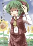  alternate_hairstyle ascot blush dress_shirt fang female flower gaoo_(frpjx283) green_hair hair_ribbon highres kazami_yuuka open_mouth outdoors outside plaid plaid_skirt plaid_vest ponytail red_eyes ribbon shirt skirt solo sunflower text touhou translated translation_request 