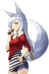  animal_ears cutoffs eating fox_ears fox_tail hand_on_hip hands_on_hips kyon_(fuuran) long_hair off_shoulder original short_shorts shorts silver_hair simple_background smile solo striped tail white_background yellow_eyes yukimi_dango 