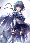  blue_eyes blue_hair boots cape fal_maro hair_ornament hairclip highres looking_at_viewer mahou_shoujo_madoka_magica mahou_shoujo_madoka_magica_movie miki_sayaka short_hair simple_background skirt solo soul_gem tears thigh-highs thigh_boots thighhighs torn_cape 