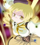  beret blonde_hair breasts corpse_(artist) corset drill_hair grin hair_ornament hat large_breasts magical_girl mahou_shoujo_madoka_magica official_style pleated_skirt skirt smile solo tomoe_mami yellow_eyes 