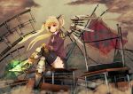  black_legwear blonde_hair crossed_legs eyepatch flag horns legs_crossed long_hair mechanical_legs mechanical_wings muruaka original red_eyes rubble single_wing sitting skirt solo thigh-highs thighhighs twintails wind wings 