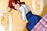 brown_eyes female hair_ornament hairclip hino_akane looking_at_viewer nishi_koutarou precure red_hair redhead school_uniform short_hair sitting sleeves_rolled_up smile smile_precure! solo speech_bubble text translated translation_request 