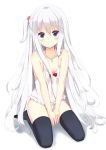  black_legwear blue_eyes blush camisole collarbone cross flat_chest grey_hair highres jewelry long_hair necklace ocha_no_ha one_side_up original panties sitting solo thigh-highs thighhighs underwear v_arms very_long_hair white_background 