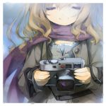  camera closed_eyes coat eyes_closed gotou_nao light_brown_hair lowres original scarf smile solo 