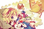  alice_margatroid ana_(rznuscrf) blonde_hair blue_eyes book capelet cup doll dress hairband open_mouth patchouli_knowledge purple_eyes purple_hair short_hair teacup teapot touhou violet_eyes yukkuri_shiteitte_ne 