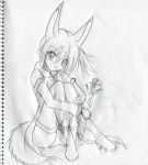  1girl animal_ears boots detached_sleeves elin_(tera) flower fox_ears fox_tail monochrome panties pantyshot scan short_hair side_ponytail sitting smile solo tail tera_online thigh-highs thigh_boots thighhighs traditional_media underwear wand yuuno_(pixiv2011836) 