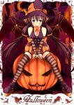  between_breasts breasts brown_eyes brown_hair candy cleavage copyright_request demon_wings elbow_gloves gloves halloween hat highres lollipop mouth_hold nanahosi_seiiki pumpkin pumpkin_hair_ornament shoes sitting_on_object sleeveless striped striped_legwear thigh-highs thighhighs wings witch_hat 
