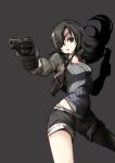  black_eyes black_hair copyright_request dual_wielding eyepatch gloves gun highres jacket long_hair open_mouth pistol shorts sinchi weapon 