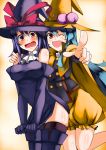  alternate_costume bloomers blue_hair blush food fruit halloween hat hinanawi_tenshi iwanori multiple_girls nagae_iku peach purple_hair red_eyes tears thigh-highs thighhighs touhou wink witch_hat 