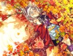  ankle_wraps artist_name autumn_leaves barefoot closed_eyes detached_sleeves eyes_closed long_hair lying minami_seira on_back original silver_hair solo tree wrist_wraps 