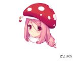  amanitan blush bust drill_hair hat looking_at_viewer mushroom original pink_hair red_eyes sayori simple_background smile solo white_background 