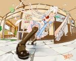  animal_ears black_legwear breasts broom chitose_shuusui cleavage dress fisheye foreshortening green_eyes indoors maid mary_janes original perspective shoe_dangle shoes solo thigh-highs thighhighs tiles white_hair 