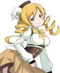  beret blonde_hair breasts corset detached_sleeves drill_hair fingerless_gloves gloves hair_ornament hat large_breasts magical_girl mahou_shoujo_madoka_magica moru_(monaka) pleated_skirt skirt smile solo tomoe_mami white_background yellow_eyes 