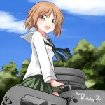  blush brown_eyes brown_hair girls_und_panzer military military_vehicle nishizumi_miho open_mouth sandwich_(artist) school_uniform serafuku short_hair smile solo tank vehicle 