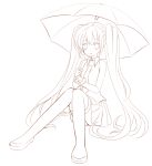  boots hatsune_miku lineart long_hair monochrome necktie sitting skirt solo thigh-highs thigh_boots thighhighs twintails umbrella very_long_hair vocaloid yukinohana 