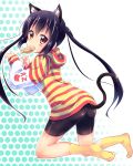  animal_ears ass bike_shorts black_hair blush cat_ears cat_tail feet food food_in_mouth hoodie k-on! kemonomimi_mode long_hair looking_at_viewer looking_back mouth_hold multicolored_stripes nakano_azusa no_shoes paw_pose polka_dot polka_dot_background red_eyes socks solo striped tail taiyaki tamaran twintails wagashi yellow_legwear 