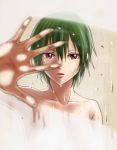  alvares breasts censored cleavage condensation convenient_censoring foreshortening green_hair mirror nude original outstretched_hand parted_lips red_eyes short_hair shower solo tsurime wiping 