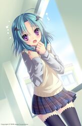  ahoge black_legwear blue_hair blush kasai_yukina open_mouth plaid plaid_skirt pleated_skirt purple_eyes sakujo sakura_neko school_uniform short_hair skirt solo sweater_vest tears thigh-highs thighhighs violet_eyes zettai_ryouiki 