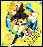 1boy 1girl aqua_eyes blonde_hair brother_and_sister hair_ornament hairclip headset highres jacket kagamine_len kagamine_rin looking_at_viewer open_mouth project_diva project_diva_f short_hair siblings smile socks stylish_energy_(vocaloid) vocaloid 