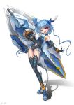  :d absurdres armor artist_request black_legwear blue_hair bodysuit copyright_request fang gd._fengzi highres horns huge_weapon legs open_mouth original red_eyes smile thigh-highs thighhighs weapon 