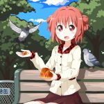  akaza_akari bird open_mouth pigeon sitting skirt smile solo tsurukou_(tksymkw) yuru_yuri 