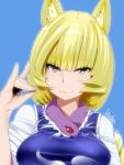  animal_ears artist_name blonde_hair breasts bust fox_ears fox_tail hyudora large_breasts looking_at_viewer multiple_tails short_hair smile solo tail touhou yakumo_ran yellow_eyes 