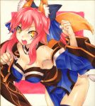  animal_ears bare_shoulders bow breasts caster_(fate/extra) cleavage detached_sleeves fate/extra fate_(series) fox_ears fox_tail hair_bow hair_ribbon japanese_clothes large_breasts marker_(medium) pink_hair ribbon shikishi solo tail thigh-highs thighhighs torimaru traditional_media twintails yellow_eyes 