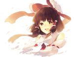  bare_shoulders blush bow brown_eyes brown_hair bust face hair_bow hakurei_reimu long_hair looking_at_viewer open_mouth simple_background smile solo touhou weee_(raemz) white_background 