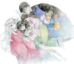  3boys akane_y animal_ears annoyed black_hair closed_eyes dog_ears eyes_closed friends hair_between_eyes higurashi_kagome inuyasha inuyasha_(character) kirara_(inuyasha) kneehighs long_hair long_skirt lying miroku multiple_boys multiple_girls sango school_uniform serafuku shippou skirt sleeping tail traditional_media watercolor_(medium) white_hair white_legwear 