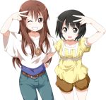  black_eyes black_hair brown_eyes brown_hair copyright_request grin hand_on_hip long_hair looking_at_viewer multiple_girls open_mouth pants short_hair shorts simple_background smile tsurukou_(tksymkw) v white_background wink 