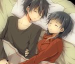  1girl bad_id black_hair brother_and_sister closed_eyes cousins eyes_closed kirigaya_suguha kirito lying pajamas pillow red_eyes short_hair siblings sleeping sleepwear sm_(tvtjk6ubec) sword_art_online 