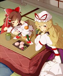  :d aiwatan blonde_hair blush brown_eyes brown_hair cup detached_sleeves food fruit green_tea hair_tubes hakurei_reimu hat hat_ribbon kotatsu long_hair multiple_girls open_mouth orange red_eyes ribbon sitting smile table tea touhou yakumo_yukari 