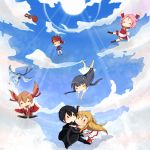  4boys agil asuna_(sao) chibi dragon everyone falling kirito klein lisbeth multiple_boys pina_(sao) silica sky sun sword_art_online ura_(ura-tennislove) yui_(sao) 