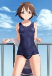  blush breasts brown_eyes brown_hair clothed_navel cloud clouds miyafuji_yoshika school_swimsuit short_hair sky smile solo strike_witches swimsuit tkln 