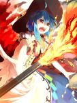  alternate_hairstyle blue_hair bow dress fire food fruit hat hinanawi_tenshi ibuki_notsu keystone long_hair open_mouth peach red_eyes short_hair solo sword_of_hisou touhou 