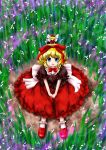  blonde_hair blue_eyes bow doll flower hair_bow huyusilver lily_of_the_valley looking_at_viewer looking_up medicine_melancholy oota_jun&#039;ya_(style) oota_jun'ya_(style) open_mouth puffy_sleeves shoes short_hair short_sleeves sitting skirt smile solo su-san touhou 