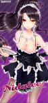  alternate_costume artist_name black_hair breasts cake character_name cleavage enmaided fishnet_pantyhose fishnets food joypyonn league_of_legends long_hair maid maid_headdress nidalee pantyhose ponytail skirt smile solo yellow_eyes 