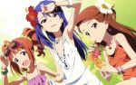  3girls :d armpits blue_eyes bracelet earrings eyebrows hair_flower hand_on_forehead holding_drink idolmaster kisaragi_chihaya medium_hair minase_iori necklace open_mouth pink_eyes ponytail straw summer sunglasses sunglasses_on_head tagme takatsuki_yayoi wallpaper white_dress 