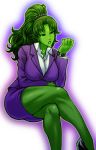  breasts chiba_toshirou crossed_legs formal green_eyes green_hair green_skin high_ponytail large_breasts legs legs_crossed long_hair long_legs marvel muscle ponytail she-hulk sitting solo thick_thighs thighs watch 
