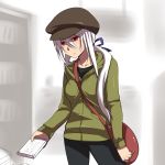  bag book bow breasts cabbie_hat caffein casual hair_bow hat hoodie large_breasts ponytail purse red_eyes silver_hair solo strap_cleavage vocaloid yowane_haku 