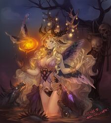  animal animal_ears bad_id blonde_hair breasts butterfly_wings crystal happy_halloween horns lips long_hair mole nail_polish olivia_(yh) original partially_submerged skull solo star tree typo water wings yellow_eyes 