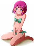  1girl barefoot bikini blue_eyes highres kayama_kenji pokemon pokemon_(anime) pokemon_(game) pokemon_bw2 purple_hair short_hair shoubu_(pokemon) sitting swimsuit wariza 