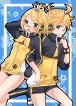  1girl :d bandaid bandaid_on_nose blonde_hair blue_eyes brother_and_sister buruma fang grin gym_shorts hair_ornament hairclip kagamine_len kagamine_rin kneehighs looking_at_viewer open_mouth project_diva project_diva_f shoes short_hair siblings smile stylish_energy_(vocaloid) track_jacket uwabaki vocaloid yayoi_(egoistic_realism) 
